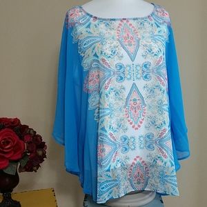 NEW 2X Women's Tunic Top Flowy Flutter Batwing Slve Layered Lined Blue Lark Lane